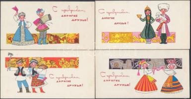 12 db használatlan, orosz népviseletes grafikai üdvözlőlap (13.5 × 7 cm) / 12 unused Russian folklore motif mini art cards