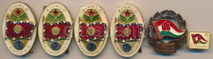 ~1960. Első osztályos "Kiváló Rajparancsnok" + "Kiváló Katona" + "Kiváló Zászlóaljparancsnok" + "Kiváló Századparancsnok" zománcozott jelvény + "Kiváló úttörő munkáért" Br jelvény + "15 év az úttörökért" jelvény, tű letört T:2
