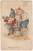 New Year, dwarf, pig, champagne, money (b)