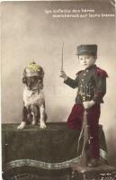 Boy as French soldier, dog as German &#039;soldier&#039;, propaganda, humour (EK)