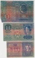 1904. 10K + 1913. 20K (2x) magyar és román felülbélyegzéssel + 1912. 100K T:III-IV