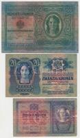 1904. 10K + 1913. 20K (2x) magyar és román felülbélyegzéssel + 1912. 100K T:III-IV