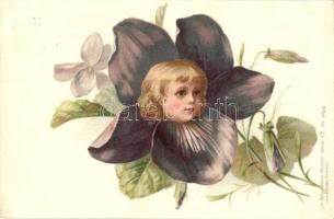 1899 Virág kisgyerek fejjel. Bizarr litho művészlap / Flower with childs head. Bizarre. Lith. Artist Anstalt München Serie 53. No. 18549. litho