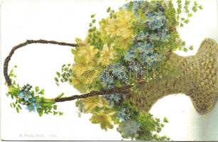 Basket of flowers, decorated litho (EK)