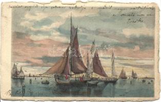 Sailboats, hand-painted postcard, aquarell