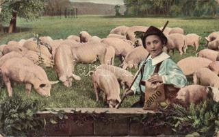 Swineherd with pigs and money bags, folklore (EK)