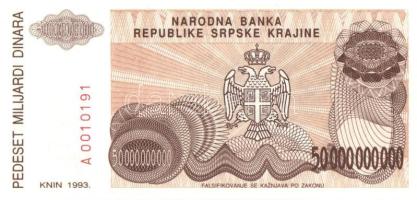 Horvátország/Krajna Szerb Köztársaság 1993. 50.000.000.000D T:I Croatia/Republic of Serbian Krajina 50.000.000.000 Dinara C:UNC Krause R29