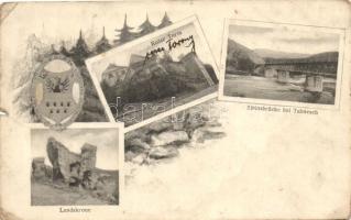 Nagytalmács, Vörös torony, Zibin híd, Landeskrone vár, címer / tower, bridge, castle, coat of arms (b)