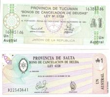 Argentína 1987. 1A "Provincia de Salta" + 1991. 1A "Provincia de Tucuman" T:I Argentina 1987. 1 Austral "Provincia de Salta" + 1 Austral "Provincia de Tucuman" C:UNC Krause S2612,S2711