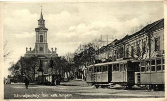 Sátoraljaújhely, Katolikus templom, villamos; Vajda József kiadása (Rb)