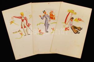 1933 A Cosulich Line hajótársaság 3 klf rajzos menükártyája / Ship company 3 different menus