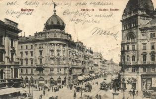 Budapest VIII. Rákóczi út, gyógyszertár, zálogkölcsön üzlet, takarékszövetkezet, villamos (fa)