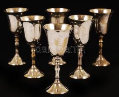 Régi fém likőrös készlet, 6 talpas pohár, dobozban, m: 9 cm