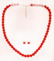 Korall gyöngysor, h: 40 cm, fülbevalóval / Coral necklace, 40 cm, with earring
