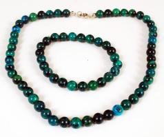 Kékeszöld gyöngysor karkötővel, h: 40 cm / necklet with bracelet