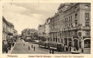 Temesvár, Piata Sf. Gheorghe / square, shops, tram (EK)