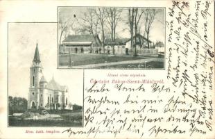 Budapest XVI. Rákosszentmihály, Elemi népiskola, katolikus templom; Róth J. Sándor kiadása (EB)