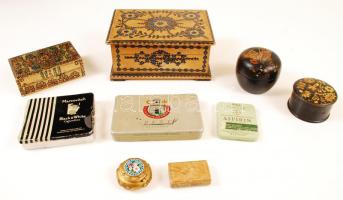 9 db régi fém és fa dobozka különböző méretekben