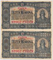 1923. 1000K T.W. nyomdahely jelöléssel és "8 FILLÉR - NYOLC FILLÉR" felülnyomással (2x) T:II  Adamo K37B