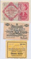 Miskolc 1916. 50f fordított "MISKOLCZ" perforációval + Budapest 1919. "8 Órai Újság" 20f + Osztrák-Magyar Bank 1922. 2K "Olla" reklám pecséttel a hátoldalon T:II,III,I