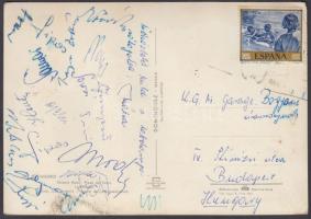 A magyar labdarúgó válogatott focistái által Madridból hazaküldött képeslap a csapattagok aláírásával (Sándor, Novák, Sipos, stb.)