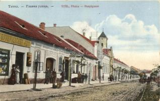 Titel Fő utca, Nonnenmacher Jenő kereskedése / main street, shop, church