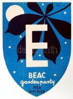 1934 Budapesti Egyetemi Athletikai Club (BEAC) garden party meghívó az aktuális tisztségviselők, házikisasszonyok és bizottsági tagok névsorával. Tervezte: Macskássy.