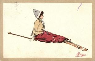 Skiing lady, Swiss art postcard s: Pelligrini
