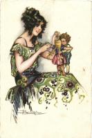 Lady with puppets; Italian art postcard, Degami No. 676. s: Busi