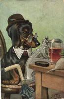 Smoking dog reading newspaper T.S.N. Serie 843. s: Arthur Thiele (EB)