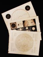 cca 1880 3 db német nyelvű csillagászati acél metszet: 1. a Hold térképe, 2. a Nap, a Hold, a Naprendszer bolygóinak és 19. századi üstökösészlelések (Donati-, Halley-üstökös, 1811-es nagy üstökös) képe, 3. a déli félgömb csillagtérképe csillaghalmazok, ill. csillagködök képével. Verlag von F. A. Brockhaus, Lipcse.