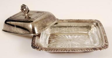 E.P. Brass Soppil díszített fém vajtartó üveg betéttel, jó állapotban, 9x12x7 cm