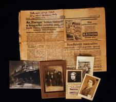 cca 1930 Egy rejtélyes haláleset krónikája. A Norddeutscher Lloyd Europa gőzősének magyar tisztviselőjének tragédiája, Újságcikk, fényképek, a hajóról írt képeslap, a feleség képei