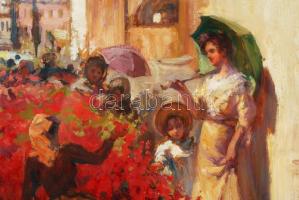 Gergely Imre (1868-1957): Virágárus. Olaj, fa lemez, jelzett, üvegezett antik keretben, 42×31 cm