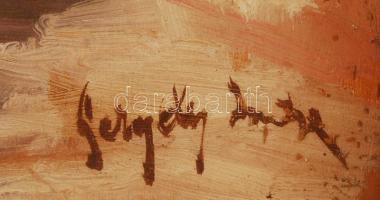 Gergely Imre (1868-1957): Virágárus. Olaj, fa lemez, jelzett, üvegezett antik keretben, 42×31 cm