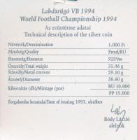 1993. 1000Ft Ag "Labdarúgó VB" eredeti "MNB" dísztokban, tanúsítvánnyal T:BU