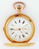 cca 1910 18 K jelzett, duplafedeles, stopper funkciós zsebóra, járó, de javításra szoruló szerkezettel, hiányzó első és hátsó óraüvegekkel, belső (8,5g) fedlap lejár szép számlappal, nagy bruttó súllyal. Br 136g /  cca 1910 Gold pocket watch 18K without glasses, mechanics needs some repair Gross weight 136g