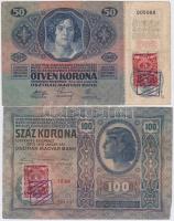 1912. 100K + 1914. 50K mindkettő csehszlovák bélyeggel és "BANK UR. MIN. FIN. PRAHA" felülbélyegzéssel T:III