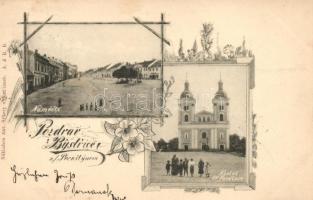 1899 Bystrice nad Pernstynem, Namesti, Kostel sv. Vavrince; Nakladem Ant. Sykory / main square, church; floral (EK)