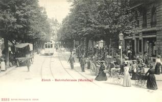 Zürich, Bahnhofstrasse, Markttag / market, tram