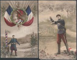 4 db RÉGI francia katonai és propaganda témájú motívum lap / 4 old motive cards, French soldiers, pr...