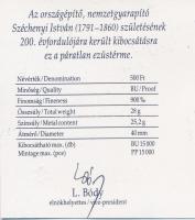 1991. 500Ft Ag "Széchenyi István" tanúsítvánnyal dísztokban T:PP