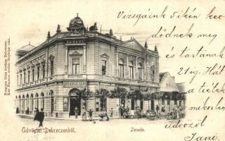 Debrecen, Zenede, ifj. Áron Manó és Horogh Józef kereskedései, piac; kiadja Pongrácz Géza