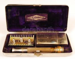 Gillette régi borotva készlet, fém tokban, jelzett, 10×5 cm
