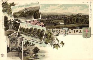 Ptuj, Pettau; Volksgarten, Schloss Trakoscan, Kirche, Kaiser Josef Denkmal / garden, castle, church, statue floral Art Nouveau litho(EK)