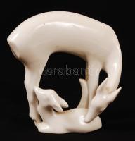 Zsolnay porcelán őz kicsinyével, apró mázhibával, jelzett, 12x11 cm