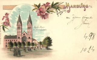 1899 Maribor, Marburg; Kirche und Kloster der P.P. Franziskaner / church and cloister floral Art Nouveau litho