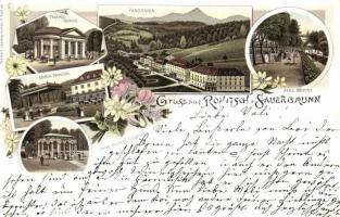 Rogaska Slatina, Rohitsch-Sauerbrunn; Temple-Quelle, Jakl Wirth, Stieria Brunn, Musik Pavillon / fountains, pavilion floral Art Nouveau litho (EK)