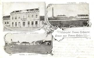 Temesrékás, Takarékpénztár, Főtér, téglagyár / bank, main square, brick factory; floral