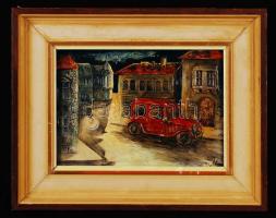 Jandó Tibor: Vörös postakocsi. Festett kerámia, keretben, jelzett, 24x18 cm